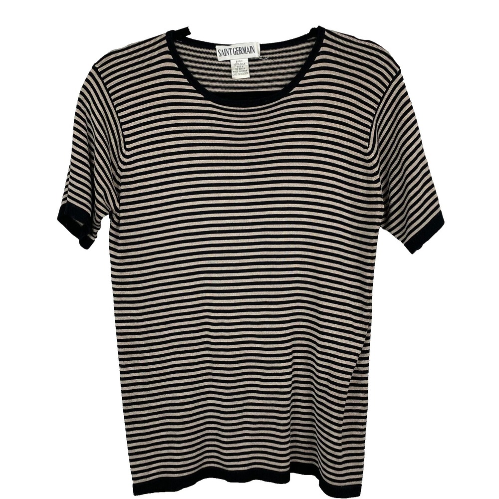 Saint‎ Germain Top Womens Large 2 Ply 100% Silk Striped Shirt Short Sleeve VTG
